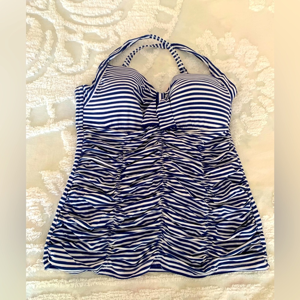 Swim Tank Blue/White Striped Ruched Front, Criss-Cross Adjustable Back Straps 12
